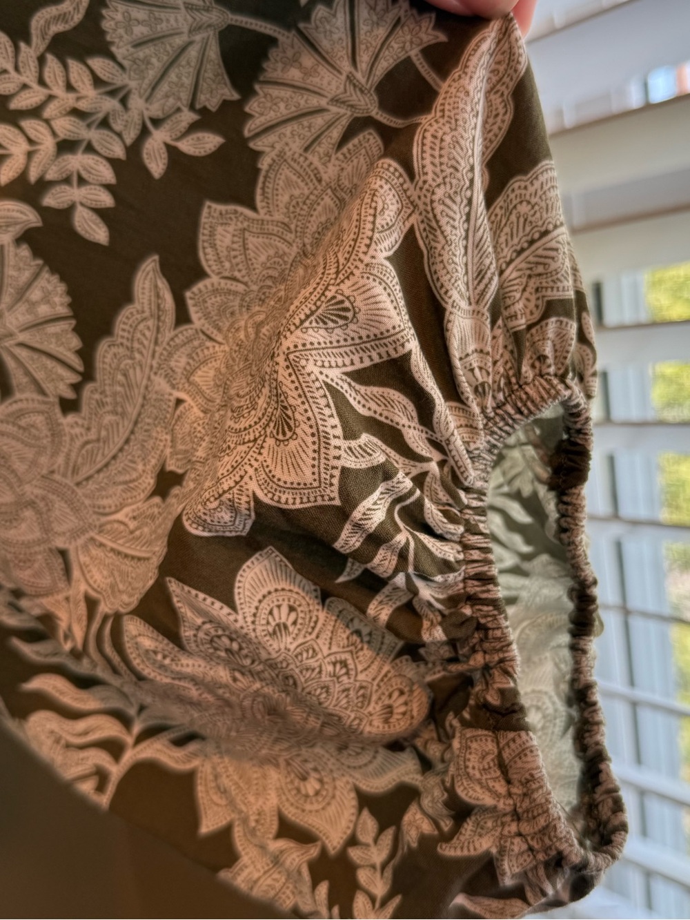 Smocked-Neck Floral Button-Front Blouse in Olive Green Sz Medium - Picture 6 of 11